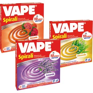 Vape Spirali Antizanzare: 3 confezioni con profumi di geranio, citronella e lavanda.
