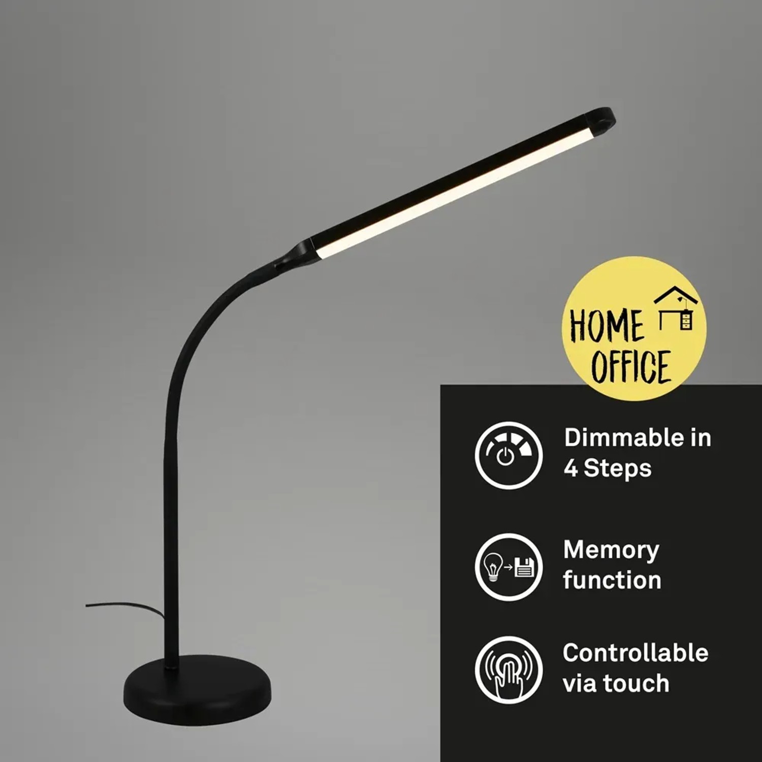 Lampada da tavolo LED nera Brilo Pivaz con dimmer touch e luce bianca calda.