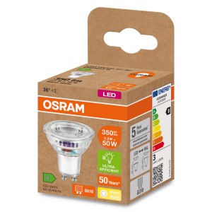 Lampadina LED GU10 Osram, bianco caldo, 350 lumen, nella scatola.