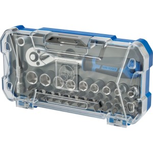 Set di chiavi a bussola LUX-TOOLS 38 pz. in valigetta trasparente blu con cricchetto e inserti.