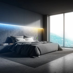 Camera da letto con illuminazione indiretta tramite striscia LED RGBIC Brilo, colore e luminosità regolabili.