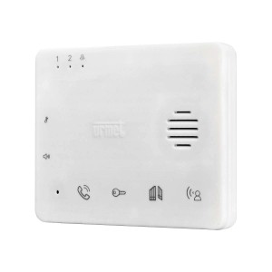 Modulo citofonico t.b.t. bianco con altoparlante e simboli.