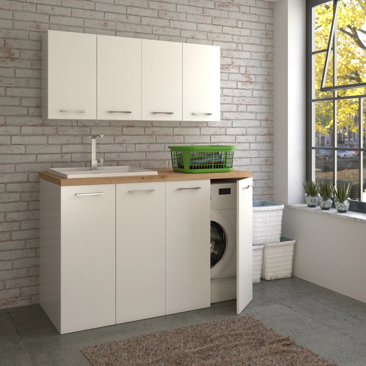 Set di mobili bagno moderni con lavabo, mobile base e pensili in bianco.