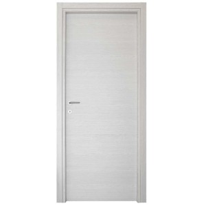 Porta interna bianca con design semplice e maniglia argentata.