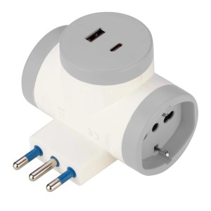Adattatore multiplo bianco con porta USB e Type-C.