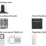Cucina completa con cappa aspirante, piano cottura, forno, lavello e frigorifero.