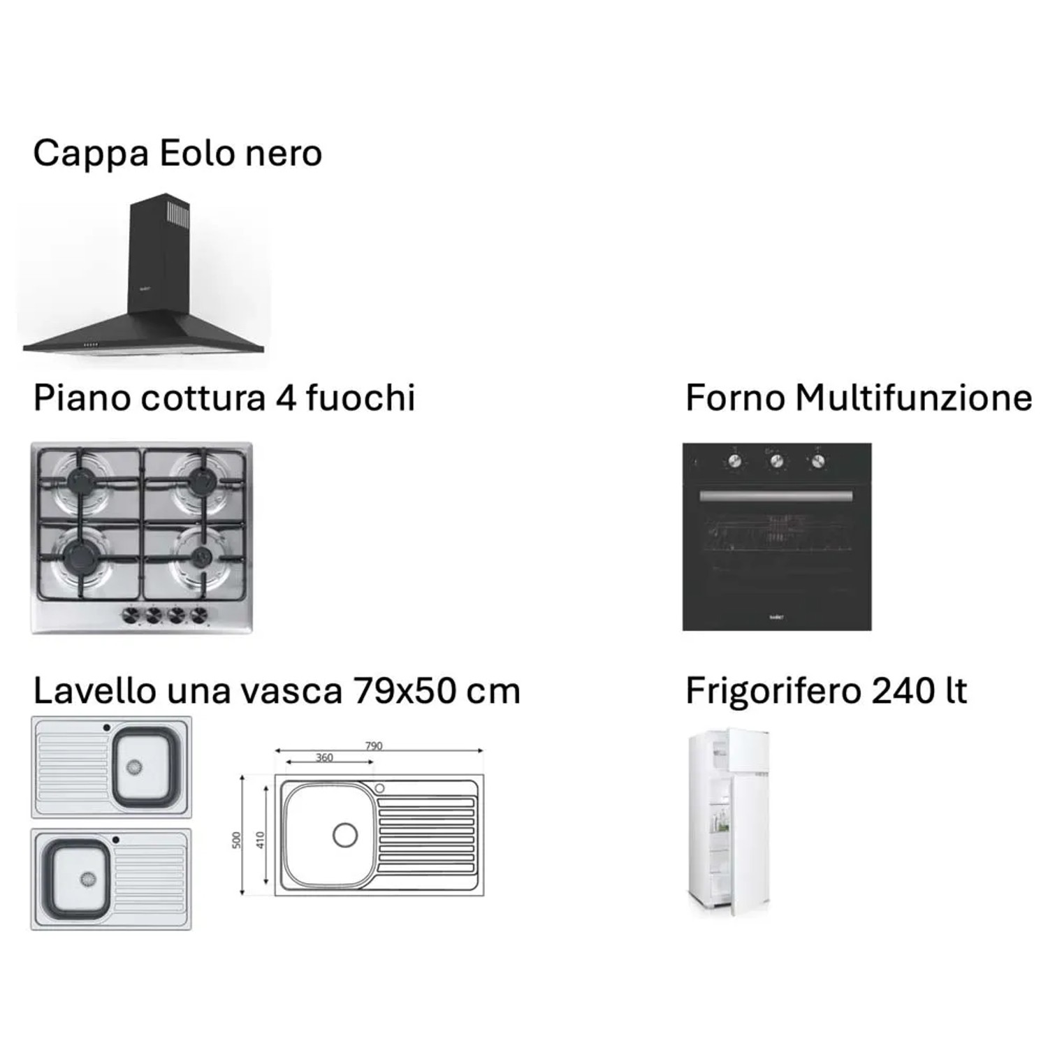 Cucina completa con cappa aspirante, piano cottura, forno, lavello e frigorifero.