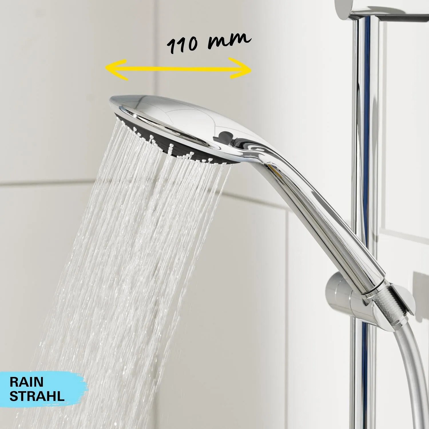 Set asta doccia Grohe QuickFix Vitalio Joy 110 Mono Chrome con getto Rain in dettaglio.