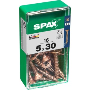 Viti per legno SPAX 5x30, 16 pezzi in contenitore di plastica verde.