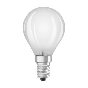 Lampadina LED E14 con vetro opaco a forma sferica.