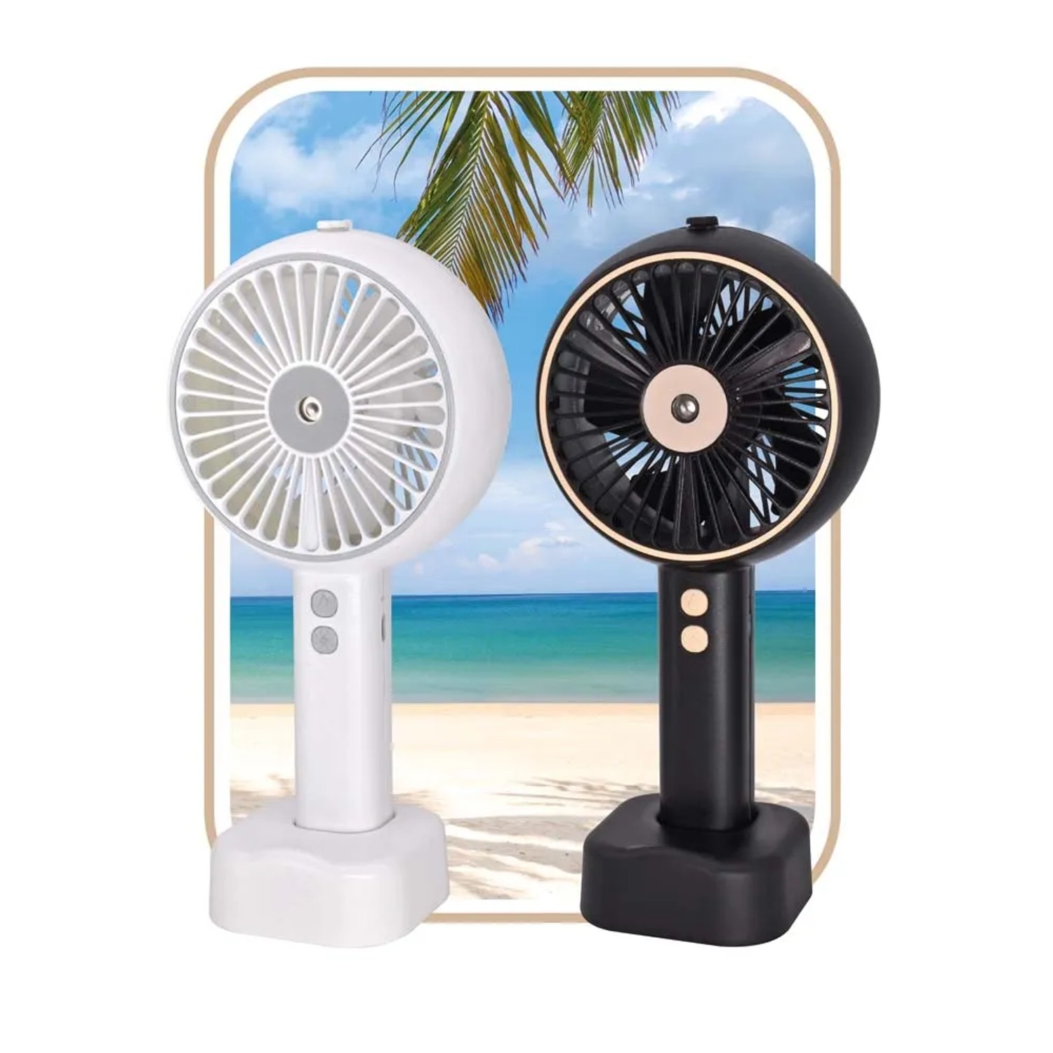 Due ventilatori t.b.t. bianchi e neri con sfondo spiaggia.