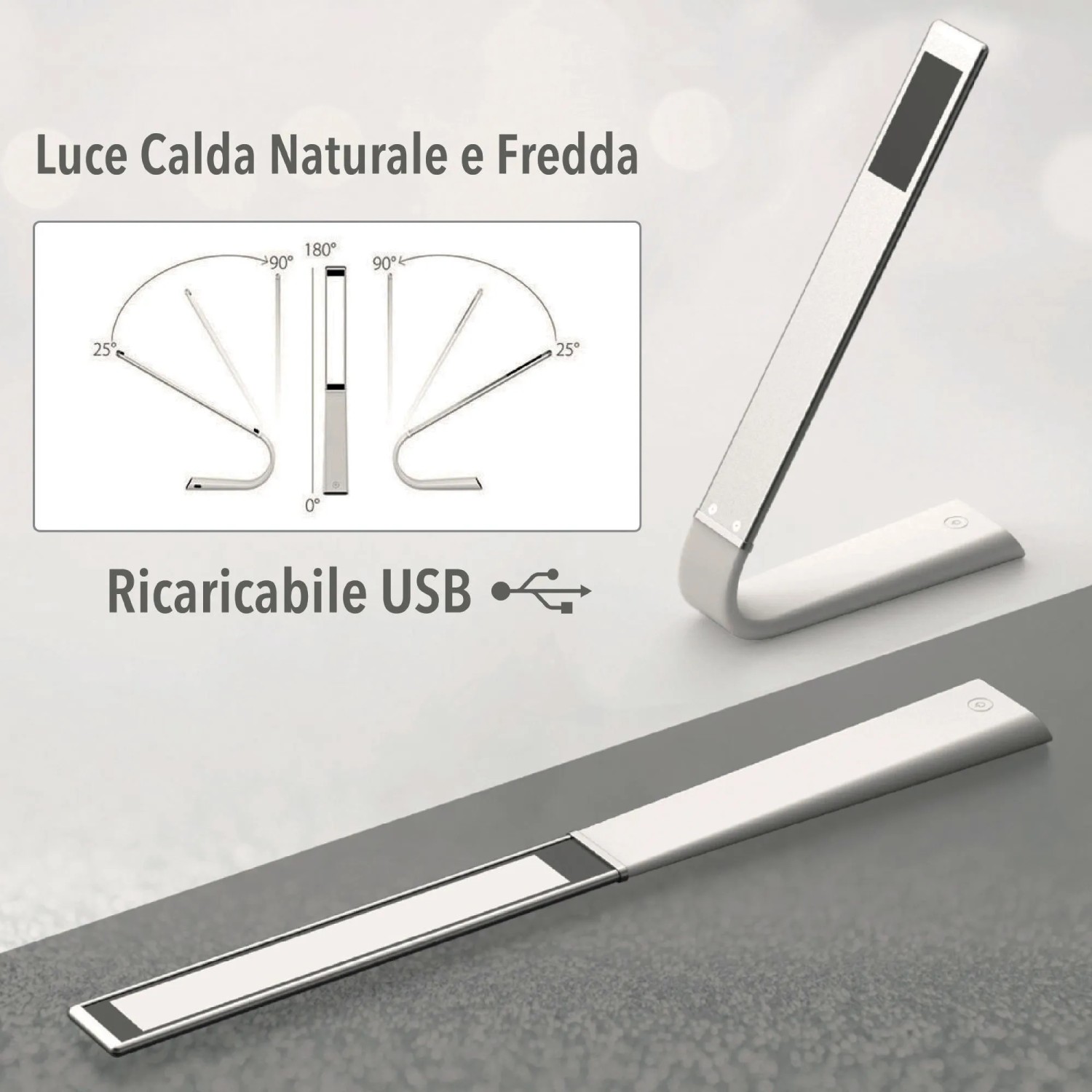 Moderna lampada da scrivania a LED t.b.t. argentata con connessione USB.
