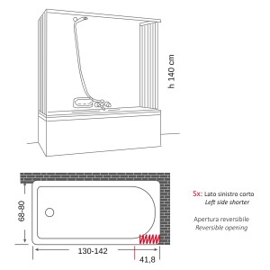 Schizzo di una vasca da bagno con doccia e dimensioni per accessori.