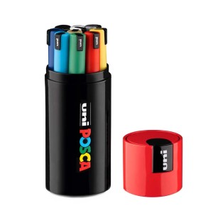 Set di pennarelli Uni Posca con vari colori in contenitore nero e coperchio rosso.