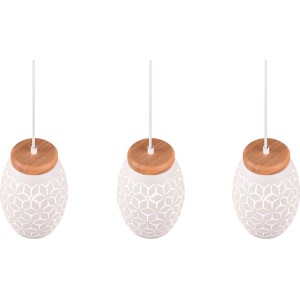 Lampada a sospensione Reality Bidar bianca a tre luci con dettagli in legno per luce accogliente.