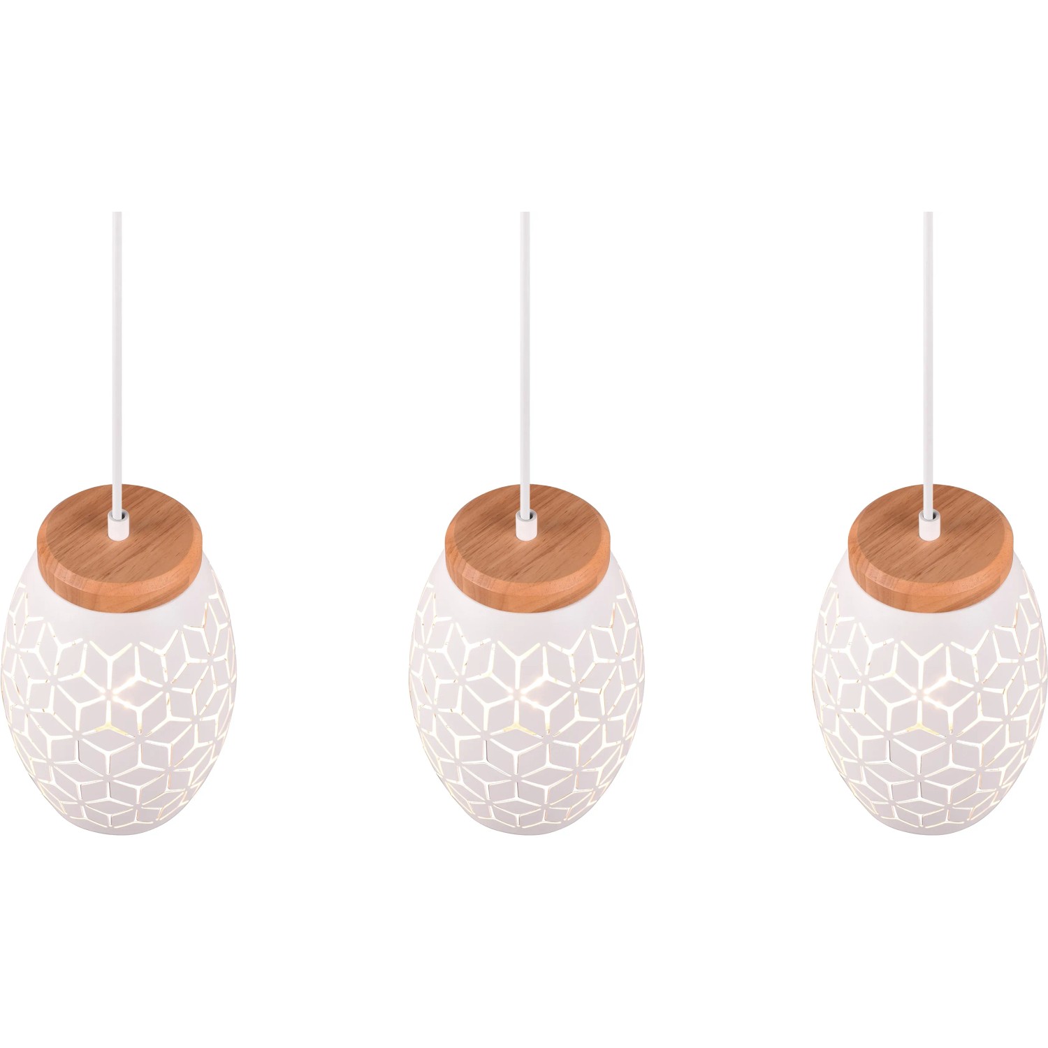 Lampada a sospensione Reality Bidar bianca a tre luci con dettagli in legno per luce accogliente.