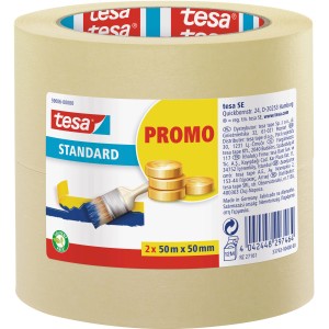 Nastro adesivo Tesa Standard, 2 rotoli da 50m, per bordi di pittura puliti.