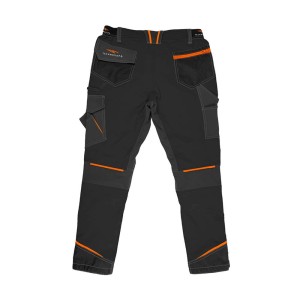 Pantaloni da lavoro grigi con tasche e dettagli arancioni.