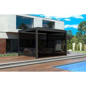 Gazebo moderno con struttura scura e pareti trasparenti come accessorio per gazebo.