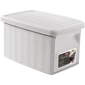 Contenitore bianco con coperchio effetto rattan.