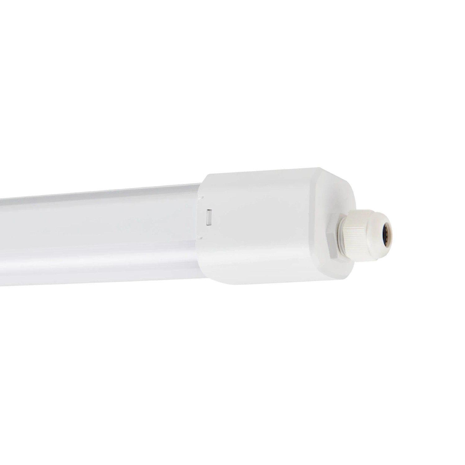 Lampada stagna a LED Eglo Slim bianca, 110,5 cm, dettaglio del terminale con pressacavo.