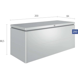 Biohort LoungeBox 200, argento metallizzato, con dimensioni. Ideale per riporre articoli da giardino.