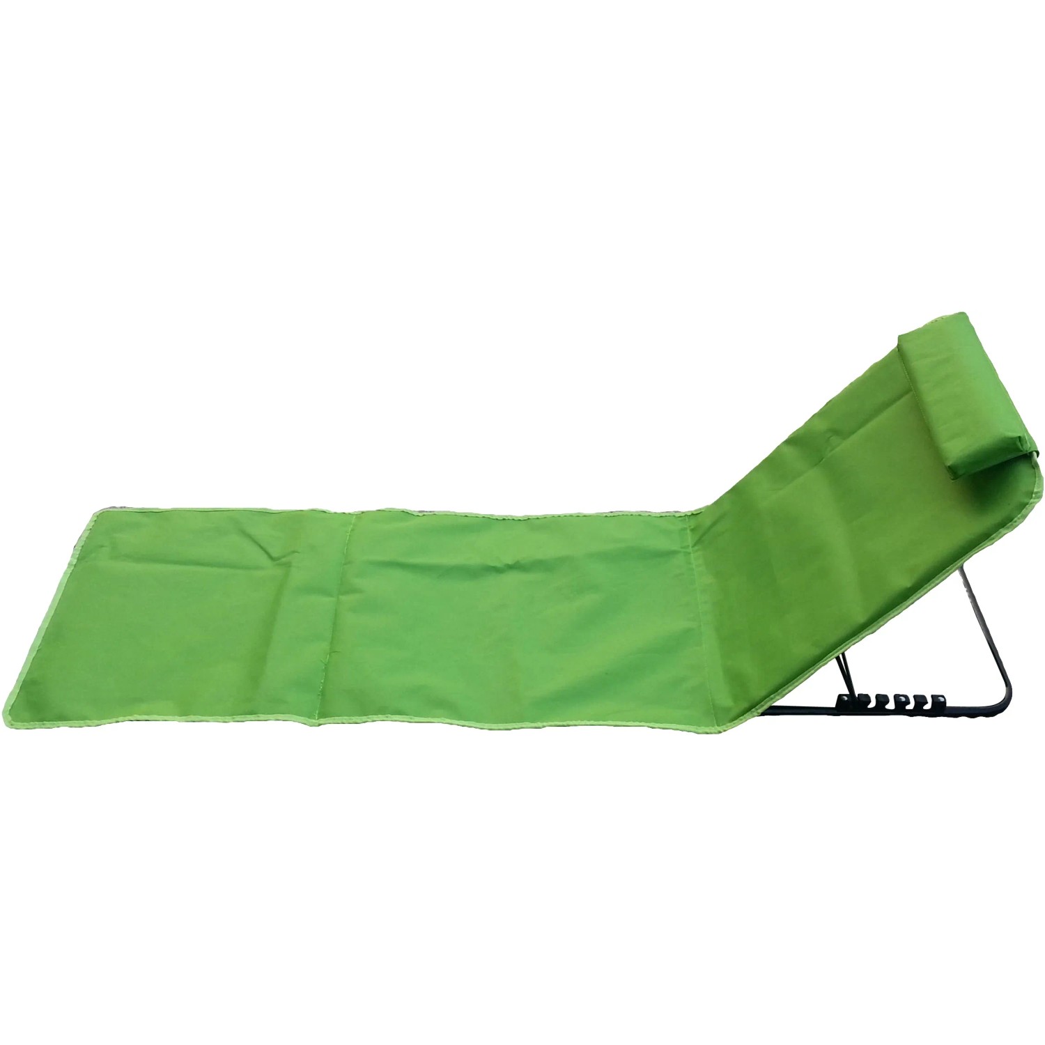 Lettino da giardino verde con poggiatesta e telaio metallico regolabile.