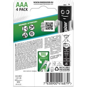 Energizer Extreme AAA Batterie Ricaricabili, confezione da 4, 800 mAh.