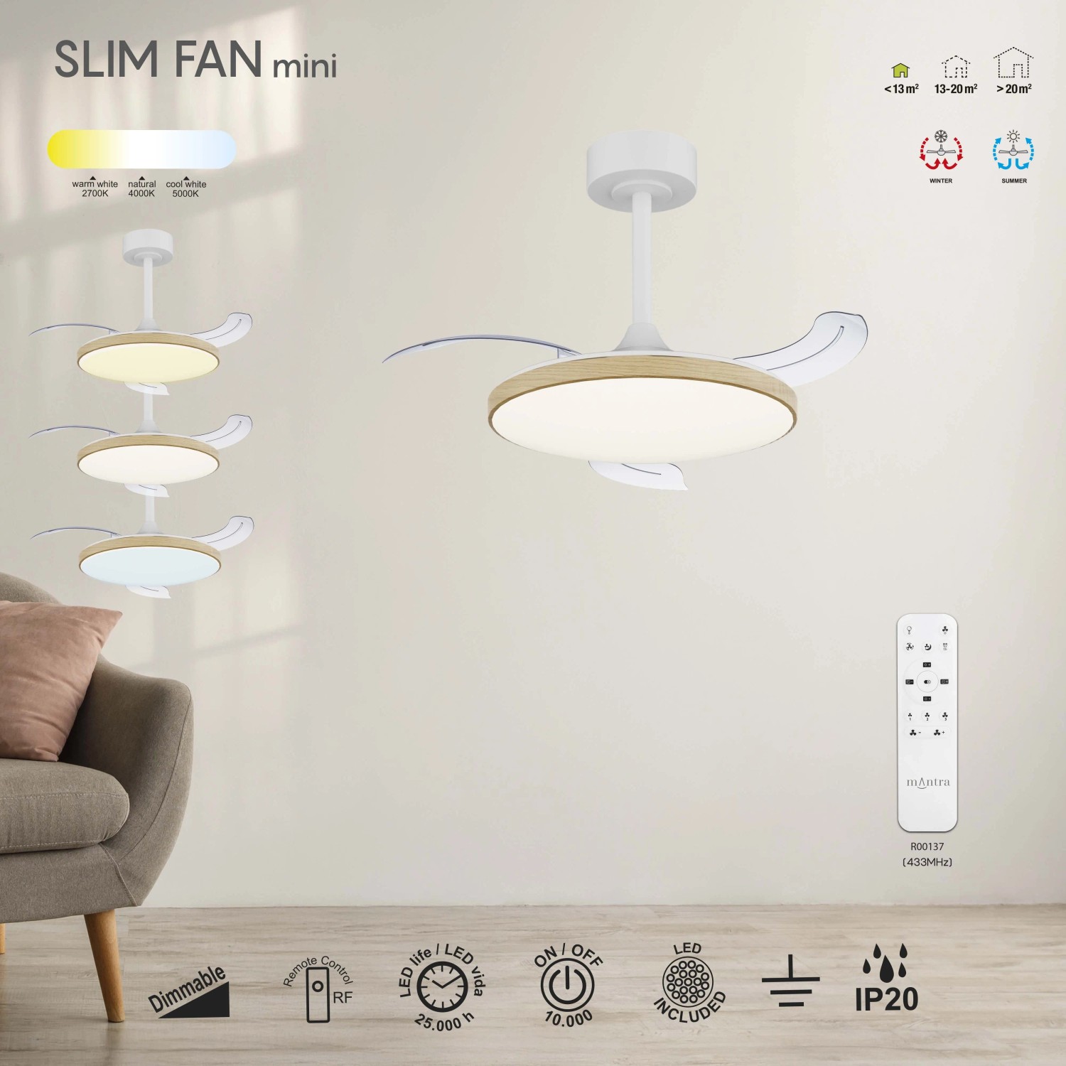 Plafoniera LED bianca con bordo in legno e telecomando.