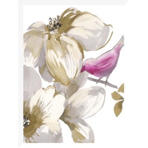 Quadri: Dipinto ad acquerello con fiori e uccellino rosa su ramo.