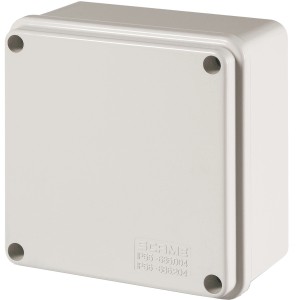 Scatola da parete t.b.t. bianca, quadrata, con quattro fori di montaggio.