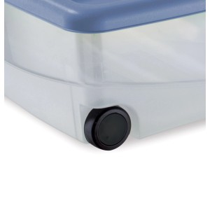 Dettaglio di un contenitore t.b.t. trasparente con coperchio blu e ruota nera.