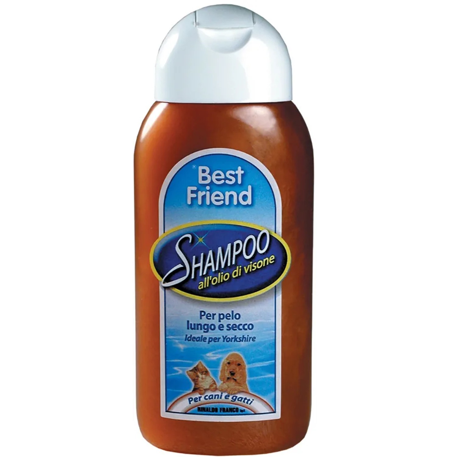 Flacone di shampoo per cani Best Friend con olio di visone, ideale per pelo lungo e secco.