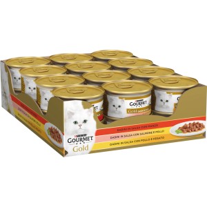 Gourmet Gold cibo umido per gatti, confezione con lattine in salsa con manzo, salmone e pollo.