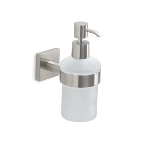 Dispenser sapone a parete in acciaio inox e vetro satinato.