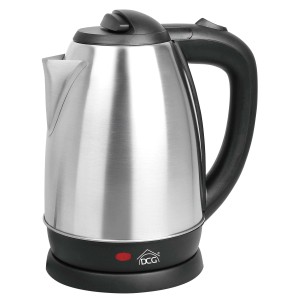 Elegante bollitore t.b.t. argentato con manico e base neri.