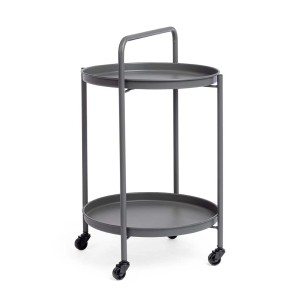 Carrello di servizio grigio con due ripiani e ruote per il giardino.