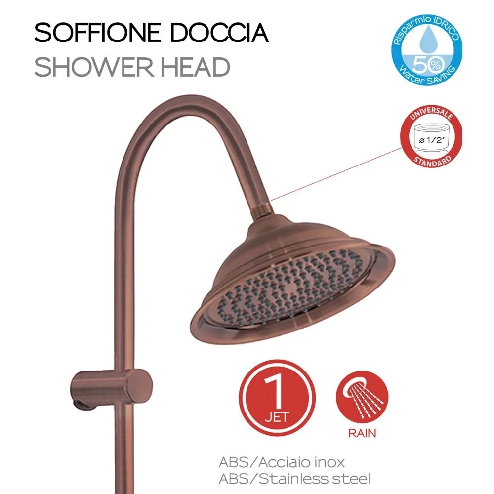 Soffione Doccia A Pioggia Rotondo In Ottone - Finitura Rame Rosso Antico, Montaggio A Parete, Con Braccio E Flessibile