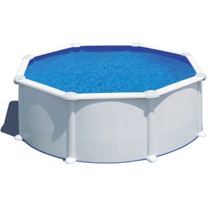 Piscina rotonda Gre Atlantis con pareti in acciaio, bianca, Ø 350 cm x 132 cm, riempita con acqua blu.