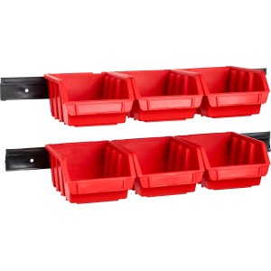 6 contenitori rossi LUX misura 2 su guide di montaggio a parete. Sistemi di stoccaggio per piccole parti.