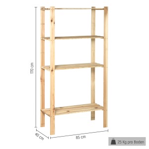 Scaffale a bullone in legno OBI con quattro ripiani in legno tenero, 170x85x40 cm, ideale per lo stoccaggio.