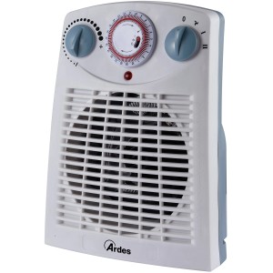 Termoventilatore elettrico Ardes bianco con timer e manopole blu.