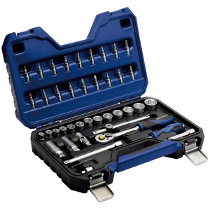 Set di chiavi a bussola LUX Comfort, 43 pezzi, con cricchetto, bussole e inserti in valigetta blu.