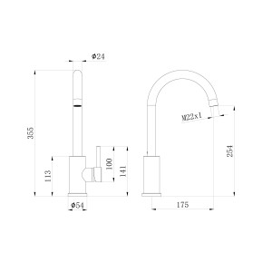 Disegno tecnico di un rubinetto con dimensioni.