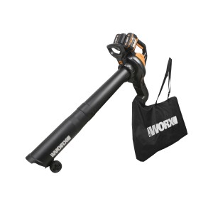 Soffiatore/aspiratore a batteria WORX con sacco di raccolta e batteria.