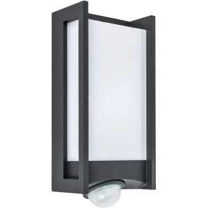 Moderna lampada da parete per esterni a LED Lutec Qubo con sensore di movimento, in alluminio e plastica.