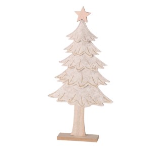Albero di Natale decorativo beige in legno e feltro con stella come decorazione natalizia.
