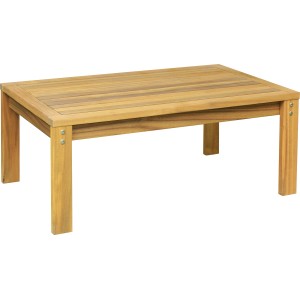 Tavolino da giardino in legno, parte di un set di mobili da giardino.