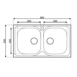 Schizzo di un lavello in acciaio inox t.b.t. con due vasche e dimensioni.