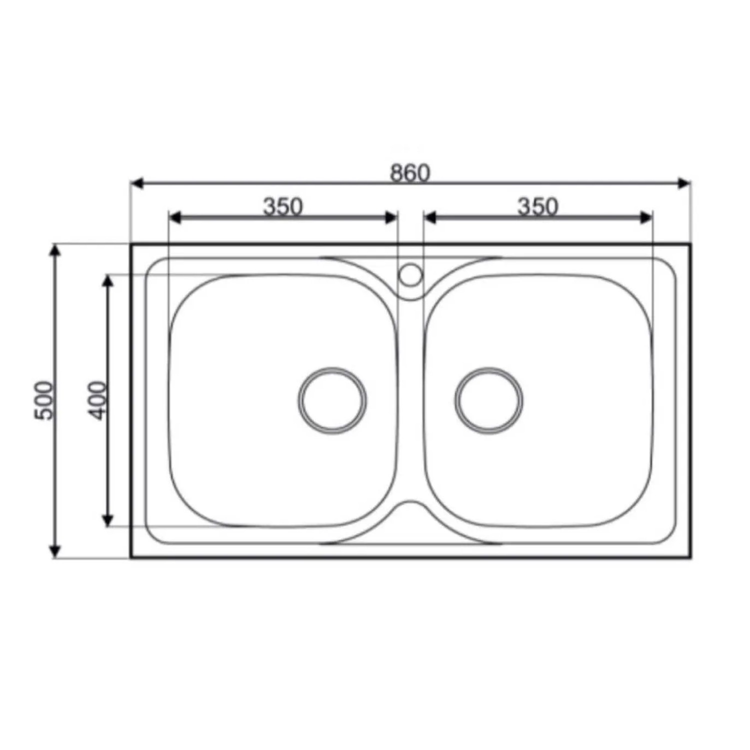 Schizzo di un lavello in acciaio inox t.b.t. con due vasche e dimensioni.
